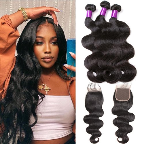 Body Wave Bundles Human Hair 18 20 22+16 Bundles with Closure Human Hair 3 Bundles with Lace Closure 4x4 Free Part Brazilian Virgin Lace Frontal Black Hair Bundles 100% Unprocessed Hair Natural Color