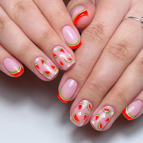 French Tip False Nails Cute White Flower and Watermelon Design 24 Pcs Short Square Press on Nails Summer Acrylic Nails Glossy Reusable Fake Nails Pink Glossy Stick on Nails for Women and Girls