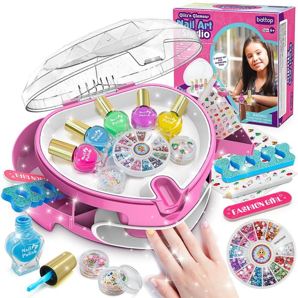 BATTOP Kids Nail Polish Set for Girls, Nail Art Kit for Kids with All-in-One Organizer Nail Dryer, Polish, Stickers, Gems, Filer - Ideas Gift for Girls 6 7 8 9 10 11 12 - Dress-Up Toy