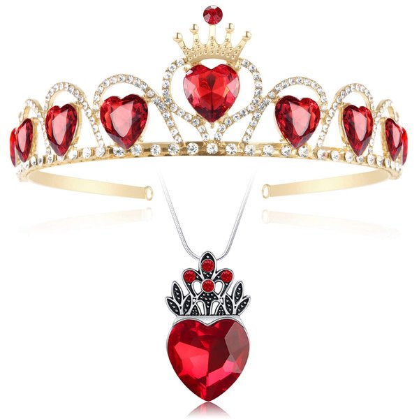 Evie Gold Tiara Red Heart Crown and Necklace Descendants Jewelry Set Queen of Hearts Eive Costume Fan Jewelry Gift for Girls Teen Party