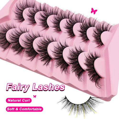 Cat-Eye Lashes Flu-ffy 22mm Manga Lashes Wispy Fairy Eyelashes, Curly Volume Spiky Lashes Faux Mink False Eyelashes that look like extensions Lashes Natural Look 7 Pairs Pack(ZD72)