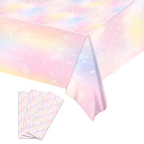 Kesfey 3 Packs Rainbow Tablecloth 54×108 Inch Pastel Plastic Birthday Party Tablecloth Rainbow Birthday Party Decoration Birthday Wedding Party Favors