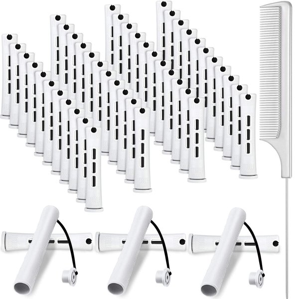 48 Pieces Hair Perm Rods Short Cold Wave Rods Plastic Perming Rods Hair Curling Rollers Curlers with Steel Pintail Comb Rat Tail Comb for Hairdressing Styling Supplies (White, 0.63 Inch)