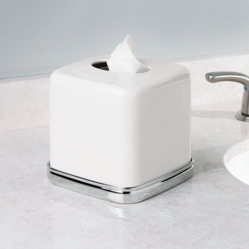 iDesign York Facial Tissue Box Cover for Bathroom and Vanity Countertops, 5.75" x 5.75" x 5.5", Chrome and White