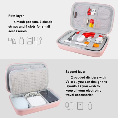 Canboc Hard Electronic Organizer Travel Case Electronics Accessories Cable Gadget Wire Storage Tech Bag Double Layer Shockproof Box for Charger Cord Flash Drive Mouse Apple Pencil Power Bank,Rose Gold