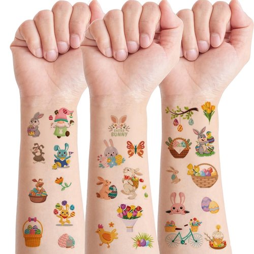 126 Pieces Easter Temporary Tattoos Stickers for Kids 10 Sheets Chicken Bunny Carrot Body Easter Tattoos Egg Decorations Spring Party Favors for Girls Boys Birthday Gifts Fillers Supplies