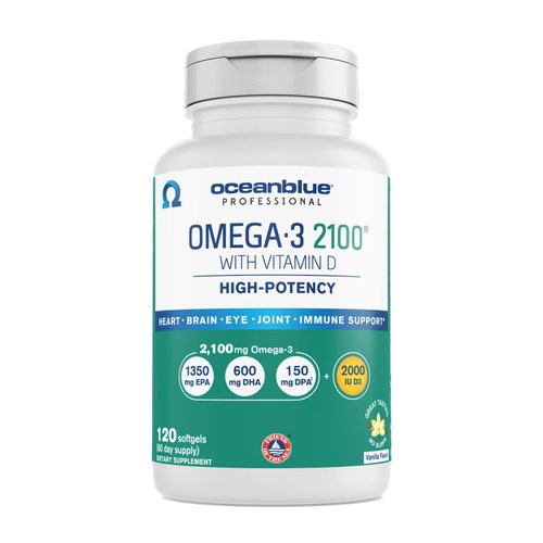 Oceanblue Professional Omega-3 2100 – 120 ct – Triple Strength Burpless Fish Oil Supplement with High-Potency EPA, DHA, DPA and Vitamin D3 – Wild-Caught – Vanilla Flavor (60 Servings)