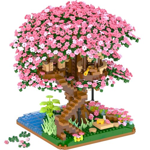 Peach Blossom Pond Micro Building Blocks Set Toys for Kids and Adults, Mini Cherry Bonsai Tree House with LED String Lights DIY Japanese Sakura Street Model Chinese Bricks Architecture Kit Teens Gift