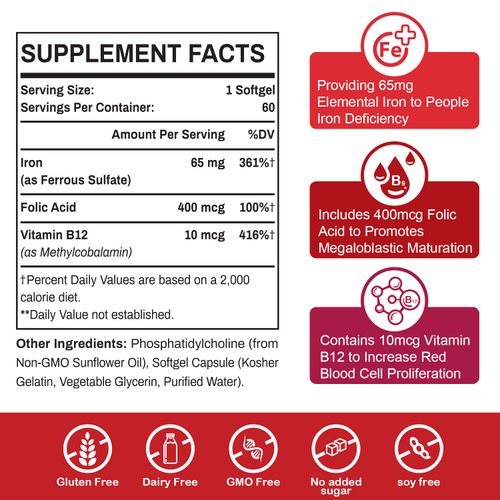 Liposomal Fe Iron Supplement for Women,65 mg Iron Supplements with Folic Acid & Vitamin B12 for Men,Red Blood Cell Production,Energy Support for Adults Iron Deficiency 60 Softgels(2 Bottle)