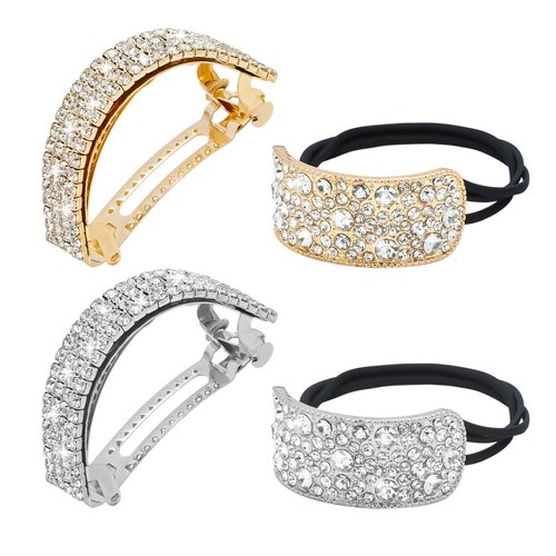 YISSION 4Pcs Sparkly Rhinestone Hair Ties Crystal Hair Barrettes Ponytail Holder Glitter Elastics Scrunchies Fancy Hair Clips for Thin Thick Hair Rhinestone Hair Accessories for Women Girls