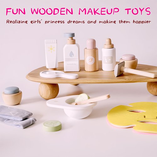 Wooden Makeup Kit for Girls, 18 Pcs Pretend Beauty Makeup Set Skin Care Learning Toys Toddler Makeup Face Mask Toy Gift for 3 4 5+ Year Old Girls