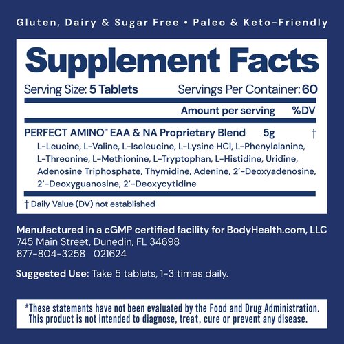 BodyHealth PerfectAmino (300 Tablets) Essential Amino Acid Supplement with BCAA and EAA, Muscle Recovery, Boost Energy & Stamina, 99% Utilization, Vegan Branched Chain Protein Pre/Post Workout