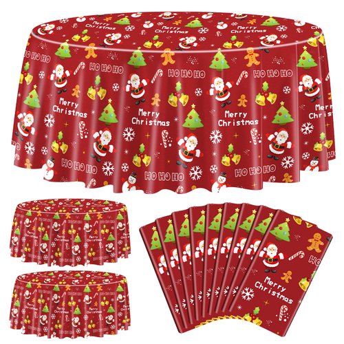 PTECDROTS 9Pcs Christmas Tablecloths Round Christmas Table Decorations Red Xmas Theme Table Cover for Winter Holiday New Year Christmas Party Supplies, 84inch