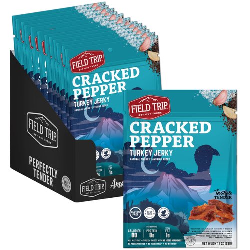 Field Trip Turkey Jerky, Gluten Free, Low Carb, Healthy High Protein Snacks, No Nitrates, All Natural Ingredients, Cracked Pepper, 1oz Bags, 12 Pack