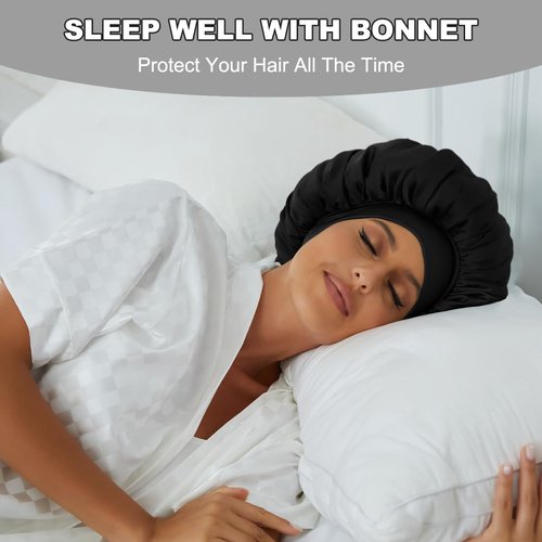 Generic Satin Bonnet for Sleeping Wide Band Bonnets for Women, Hair Bonnets for Sleeping Elastic Soft Silk Hair Wrap for Curly Natural Hair (Black+Pink) showercap