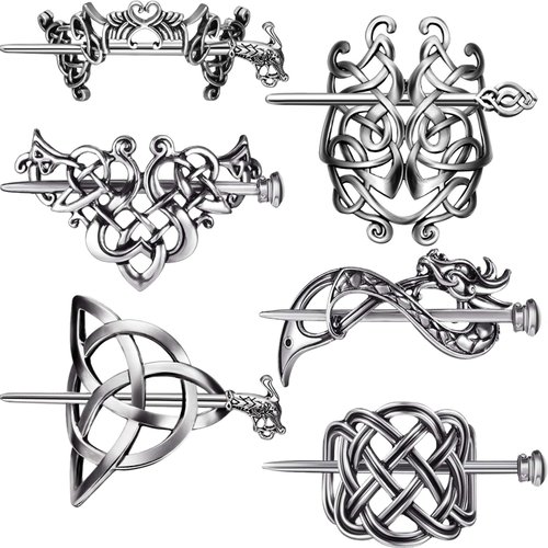 6 Pieces Silver Celtic Hair Slide Hairpins Viking Celtic Hair Clips Celtic Knot Hair Stick Vintage Metal Hair Barrette Hair Pin Retro Hair Accessories for Women