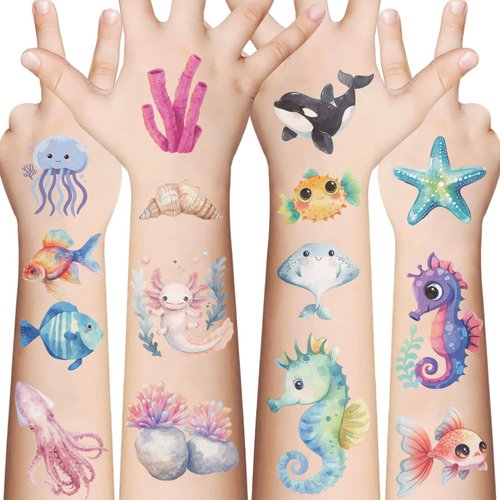 100Pcs Sea Animal Tattoo Stickers for Kids, Under the Sea Party Favors, Ocean Themed Party Decorations for Kids, Boys, Girls, Men, Women(10 Sheets)