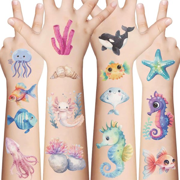 100Pcs Sea Animal Tattoo Stickers for Kids, Under the Sea Party Favors, Ocean Themed Party Decorations for Kids, Boys, Girls, Men, Women(10 Sheets)