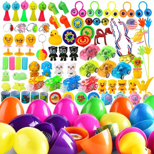 BLUE RIBBON Easter Eggs, 48 Pieces, Filled Surprise, Colorful Prefilled with Different Kinds of Little Toys, Perfect for Kids, Basket Fillers