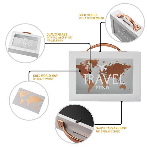 Shadow Money Box for Saving Travel Fund - Decorative Money Box - Wooden Piggy Bank - White Saving Box for Coins with Handle - Coin Bank Money Bank - Travel Fund Box for Adults - Money Saver