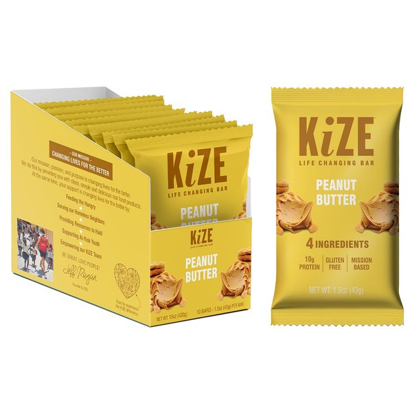 KiZE Energy Peanut Butter High Protein Snack Bars, 10 Count, 10g Grass-Fed Whey Protein, Gluten Free, Non-GMO, Soy Free, Mission Based, Made in USA