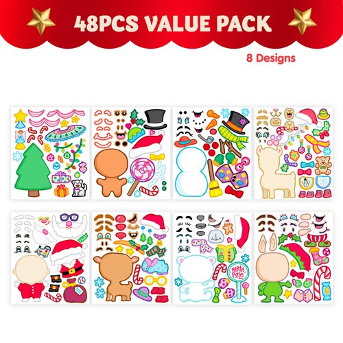 JOYIN 48 Pcs Christmas Make-a-face Sticker Sheets Make Your Own Characters Sticker with Full Body Design Santa Santa, Gingerbread, Snowman, Reindeer and Elf Kids Party Favor Supplies Xmas Craft