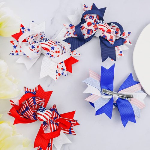 4th of July Hair Clips White Blue Red Bows Clips Grosgrain Hair Barrettes Independence Day Headwear Boutique Hairpin Hair Accessories Alligator Clips Supplies Party Decorations for Girls Kids 4PCS