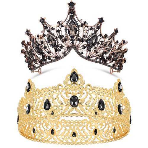 Ferraycle 2 Pcs Crowns for Men Women King Royal Crown with Black Rhinestone Crystal Queen Royal R...
