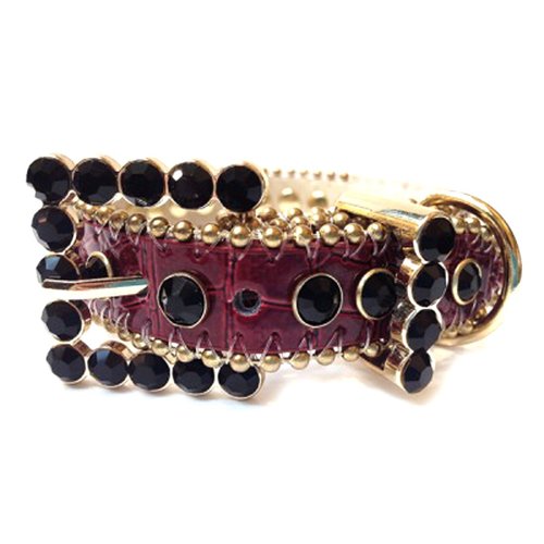 Crazy4Bling Red Leather Dog Collar with a Row of Black Rhinestones, Size S