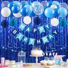Blue Happy Birthday Party Decorations for Men Boys, Pre-Strung Happy Birthday Sign Banner, Blue Balloons, Fringe Curtain, Tissue Paper Pom Poms, Star Garland, Hanging Swirls for Birthday Party