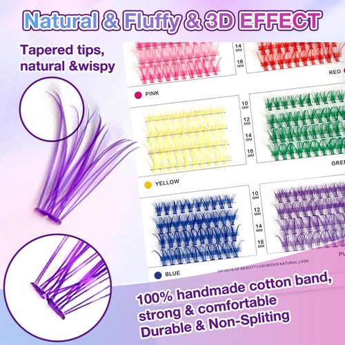 MUIIGOOD Colored Lash Extension Kit 240 Pcs DIY Lash Clusters Individual 14mm 16mm Mixed 6 Colors Soft False D Curl Eyelashes Rainbow Colorful Cluster Lashes Reusable Fluffy Lash for Women Girls