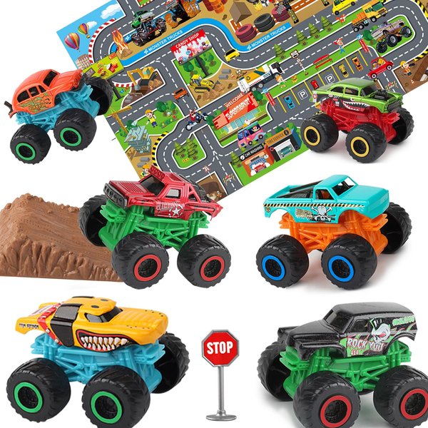 Diecast Monster Trucks for Boys Free Wheel Cars, 6 Pack Monster Vehicle Playset, Include 2 Slope & Activity Toy Car Playmat for Kids Boys & Girls 3 Age