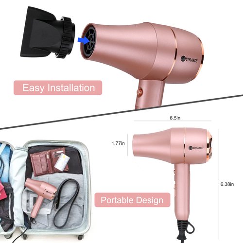 STYLANCE Barber Lonic Salon Hair Dryer, Professional 3 Speeds 2 Cool Button 2000W, Powerful AC Motor,Attachment Contain Volumizer Brush & Comb Concentrator Styling Nozzle,Hairdryers for Women Men