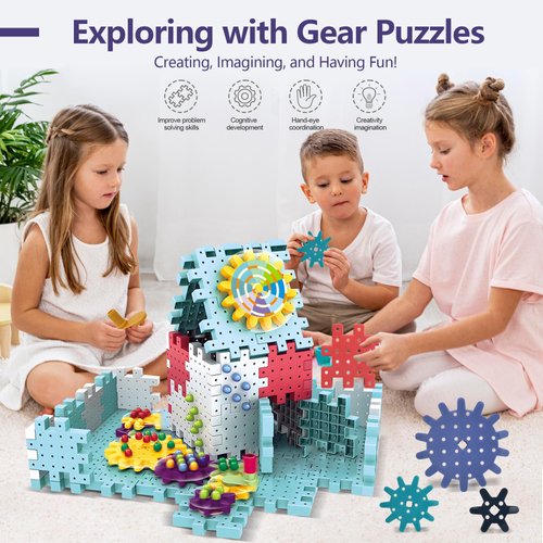 ROHSCE Gear Toys Interlocking Building Blocks, 150 Piece Educational Engineering Building Toys Set, Creative Construction STEM Kits for Boys Girls, Waffle Blocks for Toddlers Ages 3+