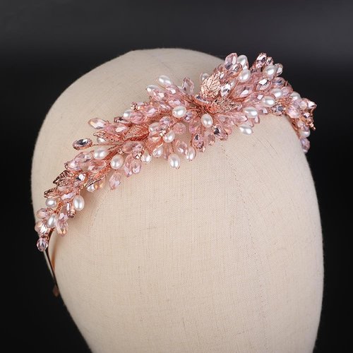 Teyglen Bridal Wedding Crystal Headband Pink Rhinestone Pearl Beads Headband Hair Crown Handmade Leaf Headpiece Hair Accessories for Women Party Prom (Pink)