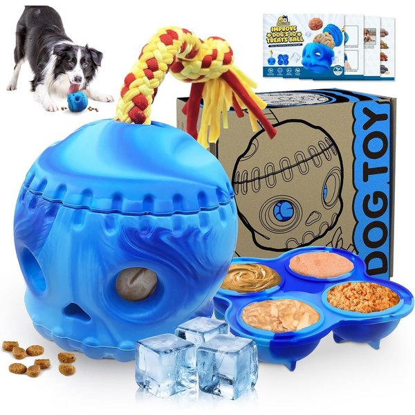 Dog Enrichment Treats Toy, Interactive Frozen Treats Toy Indestructible Dispensing Toy for Aggressive Chewer Boredom, Skull Fillable Slow Feeder with Rope, Tough Rubber Puzzle Dog Ball Keep Them Busy