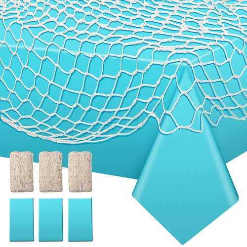 Unittype 6 Pcs Fish Net Decorative and Tablecloth Set, Cotton Fishnet and Plastic Table Cover Decorations Set for Nautical Themed Party Baby Shower Pirate Decorations Mermaid Party(Turquoise)