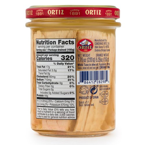 Ortiz Tuna in Olive Oil, 7.76oz Glass Jar | Superior Tuna in Olive Oil | Ortiz White Tuna in Olive Oil [7.76oz/220gr Net Wt.]