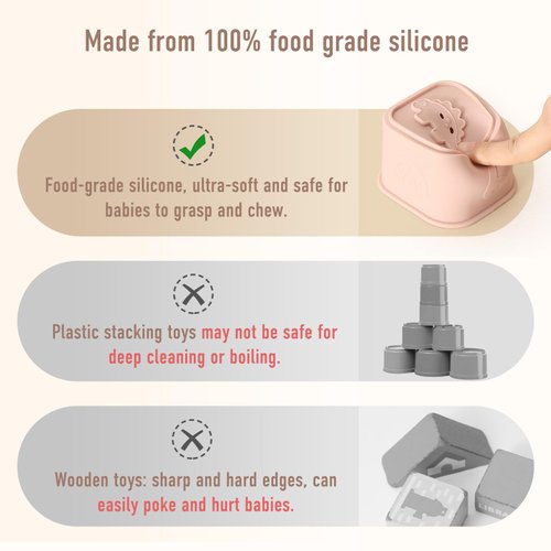 YIVEKO Baby Stacking Cups Toy, Silicone Stacking Tower, Silicone Soft Teething Toy Educational Baby Toys, Baby Building Toys Blocks, 6 Months+, 8 Pcs Set-Gentle