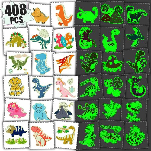 Partywind 408 Styles Luminous Dinosaur Party Decorations, 68 Sheets Temporary Tattoos for Kids Dinosaur Party Supplies Favors, Glow Dinosaur Goodie Bag Stuffers for Children Games