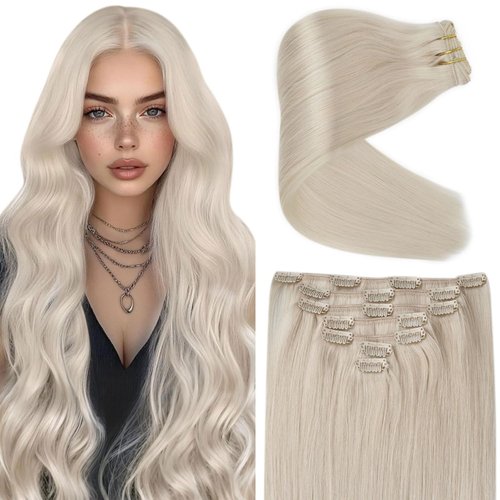 Ve Sunny Clip in Hair Extensions Platinum Blonde Real Hair Clip in Extensions Straight Hair Blonde Human Hair Extensions Clip ins Platinum Blonde Clip on Hair Extensions for Women 7pcs 120g 18inch