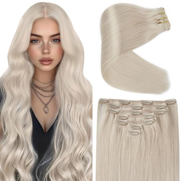 Ve Sunny Clip in Hair Extensions Platinum Blonde Real Hair Clip in Extensions Straight Hair Blonde Human Hair Extensions Clip ins Platinum Blonde Clip on Hair Extensions for Women 7pcs 120g 18inch