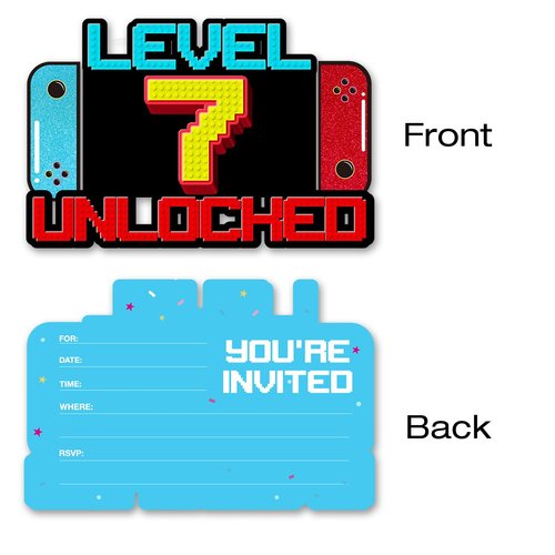 pertnate Video Game 7th Birthday Invitations Boy Glitter Video Game 7 Year Old Boys Birthday Party Shaped Invitations Invites with Envelopes, 20 Pack