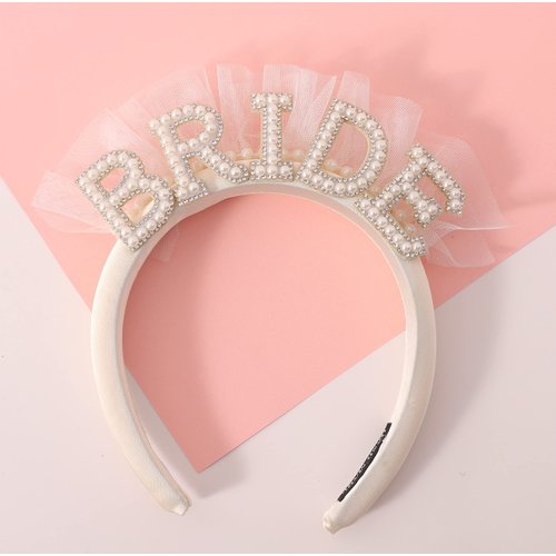 Agkvw Pearl Veil Bride Headband, White Satin Hairband with 'BRIDE' Decorated by Pearl and Rhinestone, Bridal Hairband for Bachelorette Party Decorations, Women's Hair Accessory