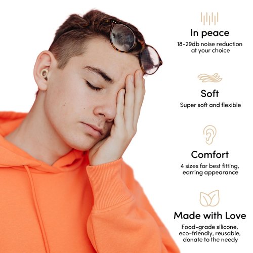 Audree Soft Ear Plugs for Noise Reduction, Reusable Flexible Earplugs for Sleep, Travelling, Focus, Study & Noise Sensitivity, 28dB Noise Cancelling, 8 Silicone Ear Tips in XS/S/M/L, Beige