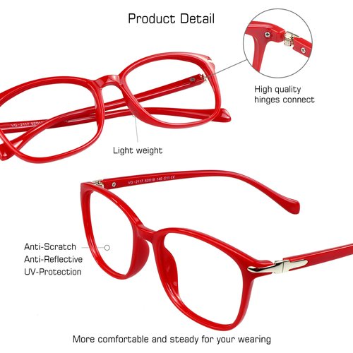 VisionGlobal Blue Light Blocking Glasses for Women, Anti Eyestrain, Computer Reading, TV Glasses, Stylish Square Frame, Anti Glare(Red,+2.25 Magnification)