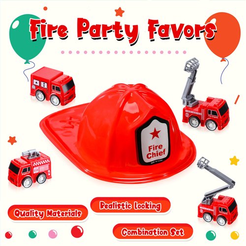 Libima 40 Pcs Fireman Party Favors Mini Pullback Fire Engine Trucks Firefighter Chief Hat Birthday Supplies (Fire Engine)