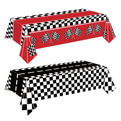 2 Packs Checkered Racing Car Tablecloth Plastic 54 X 108Inch, Car Birthday Party Decorations Table Cloth Disposable Racetrack Table Cover for Kids Boy Car Theme Birthday Party Supplies (Racing Car)