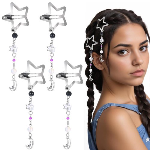 Yuanchu 4Pcs Silver Star Hair Clips, Cute y2k Star Hair Barrettes Star Tassel Hair Accessories No...