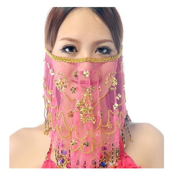 Baisdan Face Veils Belly Dance Costumes Mesh Face Veil with Beaded Halloween Costume Accessory (One Size, Rose Pink)